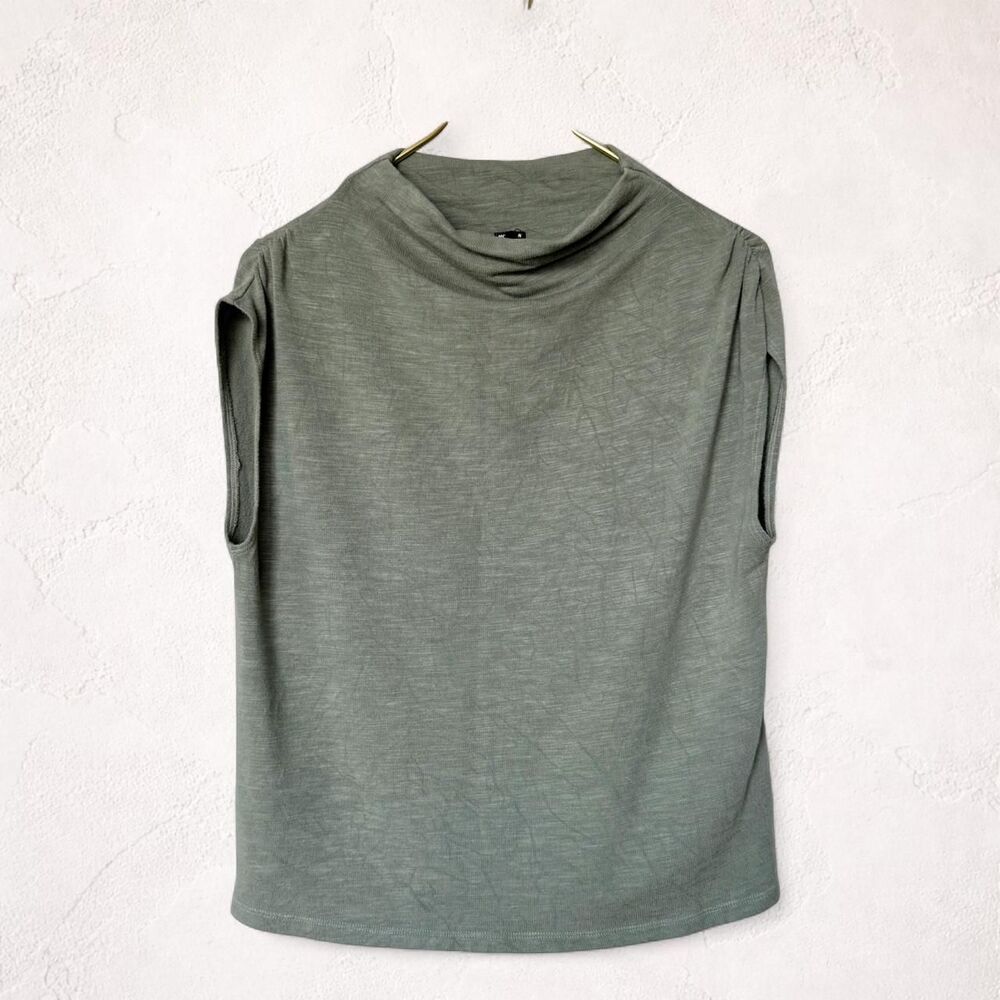Monrow Mock Neck Top Small Olive Ruched Shoulder Minimalist